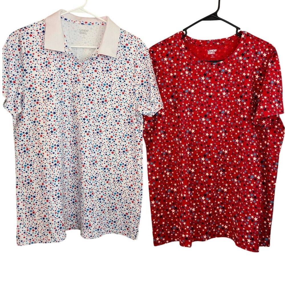 Lands’ End women’s red white blue stars patriotic shirts polo t-shirt (L/T)